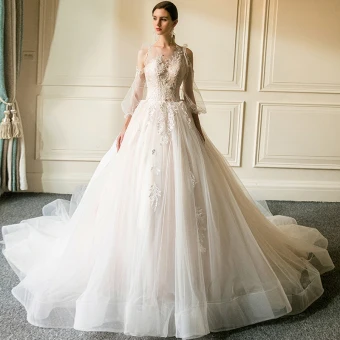 Elegant Champagne See Through Wedding Dresses 2019 A Line Princess Scoop Neck Detachable 3 4 Sleeve Appliques Lace Cathedral Train Ruffle