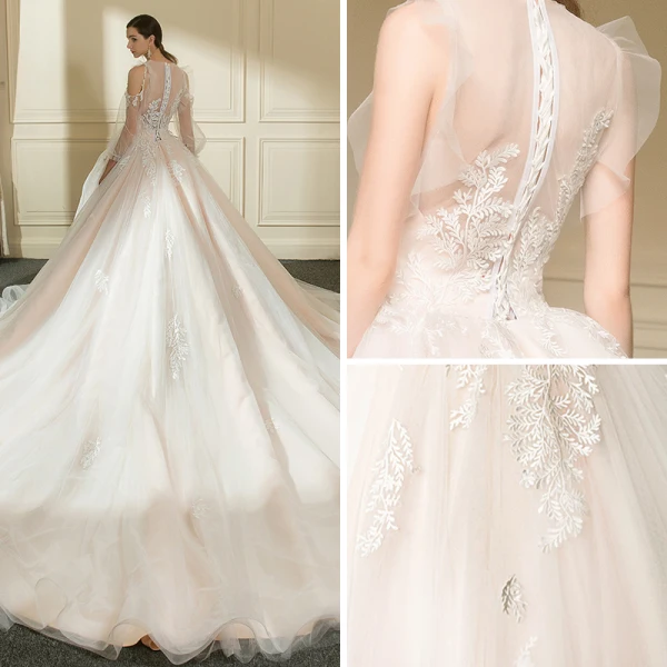 Elegant Champagne See-through Wedding Dresses 2019 A-Line / Princess Scoop Neck Detachable 3/4 Sleeve Appliques Lace Cathedral Train Ruffle