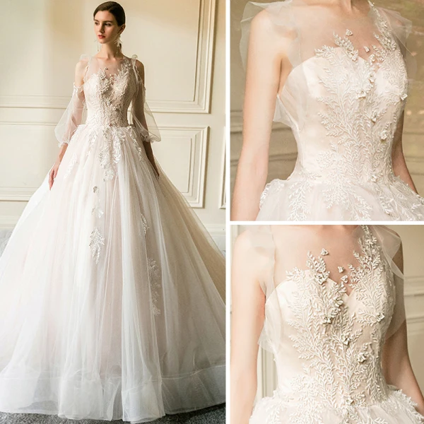 Elegant Champagne See-through Wedding Dresses 2019 A-Line / Princess Scoop Neck Detachable 3/4 Sleeve Appliques Lace Cathedral Train Ruffle