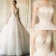Elegant Champagne See-through Wedding Dresses 2019 A-Line / Princess Scoop Neck Detachable 3/4 Sleeve Appliques Lace Cathedral Train Ruffle