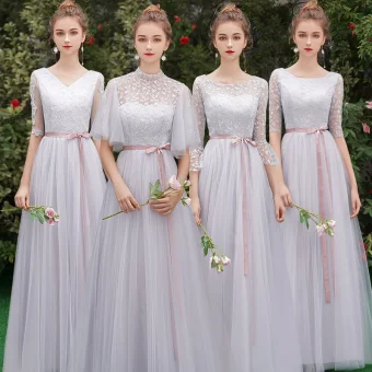 Abordable Gris Transparentes Robe Demoiselle D 039 Honneur 2019 Princesse Encolure Dégagée Ceinture Appliques En Dentelle Longue Volants Dos Nu Robe Pour Mariage