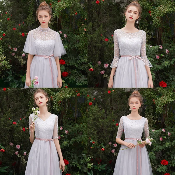 Affordable Grey See-through Bridesmaid Dresses 2019 A-Line / Princess Scoop Neck Sash Appliques Lace Floor-Length / Long Ruffle Backless Wedding Party Dresses
