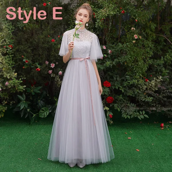 Affordable Grey See-through Bridesmaid Dresses 2019 A-Line / Princess Scoop Neck Sash Appliques Lace Floor-Length / Long Ruffle Backless Wedding Party Dresses