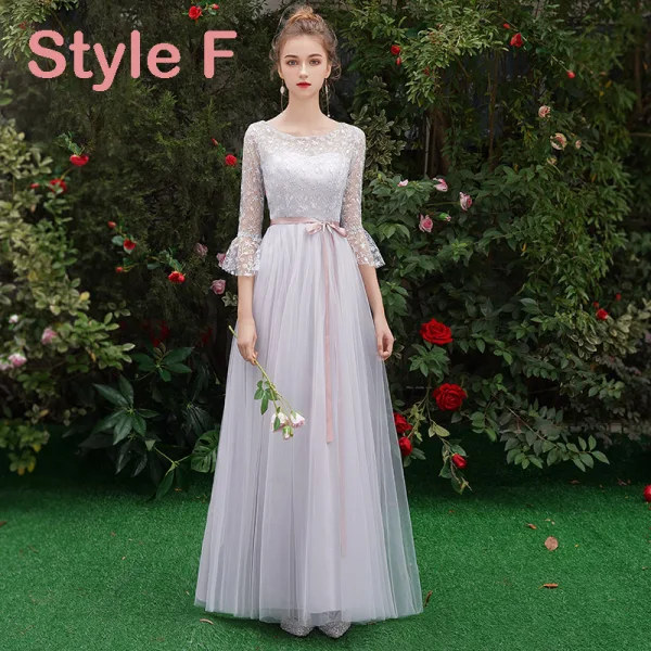 Affordable Grey See-through Bridesmaid Dresses 2019 A-Line / Princess Scoop Neck Sash Appliques Lace Floor-Length / Long Ruffle Backless Wedding Party Dresses