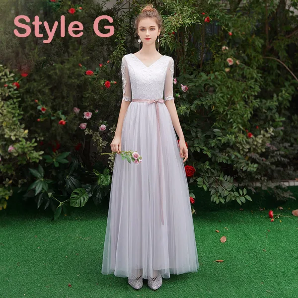 Affordable Grey See-through Bridesmaid Dresses 2019 A-Line / Princess Scoop Neck Sash Appliques Lace Floor-Length / Long Ruffle Backless Wedding Party Dresses