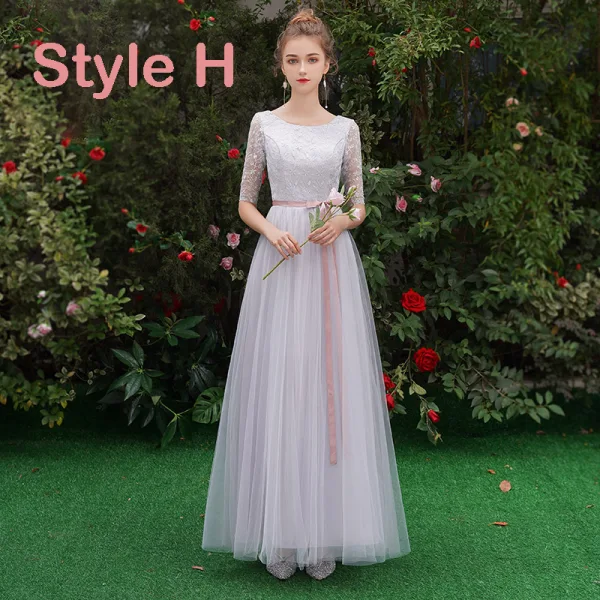 Affordable Grey See-through Bridesmaid Dresses 2019 A-Line / Princess Scoop Neck Sash Appliques Lace Floor-Length / Long Ruffle Backless Wedding Party Dresses