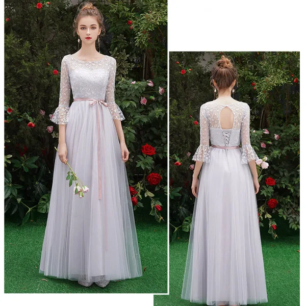 Affordable Grey See-through Bridesmaid Dresses 2019 A-Line / Princess Scoop Neck Sash Appliques Lace Floor-Length / Long Ruffle Backless Wedding Party Dresses