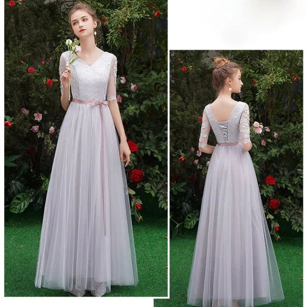 Affordable Grey See-through Bridesmaid Dresses 2019 A-Line / Princess Scoop Neck Sash Appliques Lace Floor-Length / Long Ruffle Backless Wedding Party Dresses