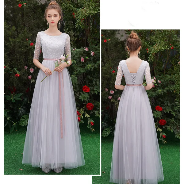 Affordable Grey See-through Bridesmaid Dresses 2019 A-Line / Princess Scoop Neck Sash Appliques Lace Floor-Length / Long Ruffle Backless Wedding Party Dresses