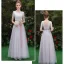 Affordable Grey See-through Bridesmaid Dresses 2019 A-Line / Princess Scoop Neck Sash Appliques Lace Floor-Length / Long Ruffle Backless Wedding Party Dresses