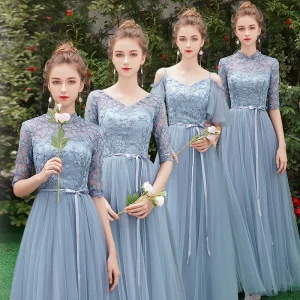 Affordable Sky Blue See Through Bridesmaid Dresses 2019 A Line Princess 1 2 Sleeves Sash Appliques Lace Floor Length Long Ruffle Wedding Party Dresses