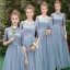 Affordable Sky Blue See-through Bridesmaid Dresses 2019 A-Line / Princess 1/2 Sleeves Sash Appliques Lace Floor-Length / Long Ruffle Wedding Party Dresses