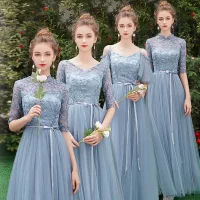 Abordable Bleu Ciel Transparentes Robe Demoiselle D'honneur 2019 Princesse 1/2 Manches Ceinture Appliques En Dentelle Longue Volants Robe Pour Mariage
