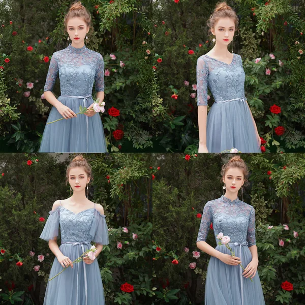 Affordable Sky Blue See-through Bridesmaid Dresses 2019 A-Line / Princess 1/2 Sleeves Sash Appliques Lace Floor-Length / Long Ruffle Wedding Party Dresses