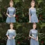 Affordable Sky Blue See-through Bridesmaid Dresses 2019 A-Line / Princess 1/2 Sleeves Sash Appliques Lace Floor-Length / Long Ruffle Wedding Party Dresses