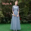 Affordable Sky Blue See-through Bridesmaid Dresses 2019 A-Line / Princess 1/2 Sleeves Sash Appliques Lace Floor-Length / Long Ruffle Wedding Party Dresses