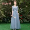 Affordable Sky Blue See-through Bridesmaid Dresses 2019 A-Line / Princess 1/2 Sleeves Sash Appliques Lace Floor-Length / Long Ruffle Wedding Party Dresses