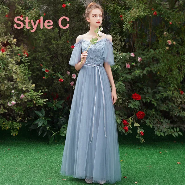 Affordable Sky Blue See-through Bridesmaid Dresses 2019 A-Line / Princess 1/2 Sleeves Sash Appliques Lace Floor-Length / Long Ruffle Wedding Party Dresses