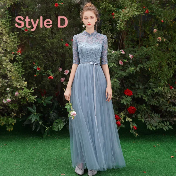 Affordable Sky Blue See-through Bridesmaid Dresses 2019 A-Line / Princess 1/2 Sleeves Sash Appliques Lace Floor-Length / Long Ruffle Wedding Party
