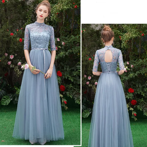 Affordable Sky Blue See-through Bridesmaid Dresses 2019 A-Line / Princess 1/2 Sleeves Sash Appliques Lace Floor-Length / Long Ruffle Wedding Party Dresses