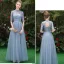 Affordable Sky Blue See-through Bridesmaid Dresses 2019 A-Line / Princess 1/2 Sleeves Sash Appliques Lace Floor-Length / Long Ruffle Wedding Party Dresses