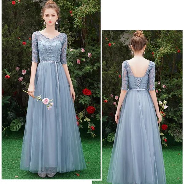 Affordable Sky Blue See-through Bridesmaid Dresses 2019 A-Line / Princess 1/2 Sleeves Sash Appliques Lace Floor-Length / Long Ruffle Wedding Party Dresses