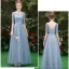 Affordable Sky Blue See-through Bridesmaid Dresses 2019 A-Line / Princess 1/2 Sleeves Sash Appliques Lace Floor-Length / Long Ruffle Wedding Party Dresses