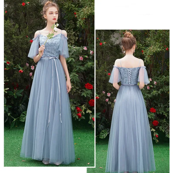 Affordable Sky Blue See-through Bridesmaid Dresses 2019 A-Line / Princess 1/2 Sleeves Sash Appliques Lace Floor-Length / Long Ruffle Wedding Party Dresses