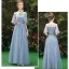 Affordable Sky Blue See-through Bridesmaid Dresses 2019 A-Line / Princess 1/2 Sleeves Sash Appliques Lace Floor-Length / Long Ruffle Wedding Party Dresses