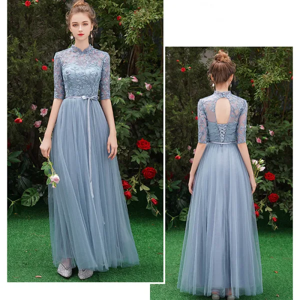 Affordable Sky Blue See-through Bridesmaid Dresses 2019 A-Line / Princess 1/2 Sleeves Sash Appliques Lace Floor-Length / Long Ruffle Wedding Party Dresses