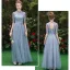 Affordable Sky Blue See-through Bridesmaid Dresses 2019 A-Line / Princess 1/2 Sleeves Sash Appliques Lace Floor-Length / Long Ruffle Wedding Party Dresses