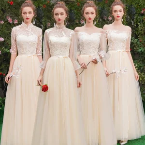 Affordable Champagne See Through Bridesmaid Dresses 2019 A Line Princess Sash Appliques Lace Floor Length Long Ruffle Backless Wedding Party Dresses