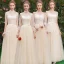 Affordable Champagne See-through Bridesmaid Dresses 2019 A-Line / Princess Sash Appliques Lace Floor-Length / Long Ruffle Backless Wedding Party Dresses