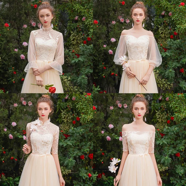 Affordable Champagne See-through Bridesmaid Dresses 2019 A-Line / Princess Sash Appliques Lace Floor-Length / Long Ruffle Backless Wedding Party Dresses