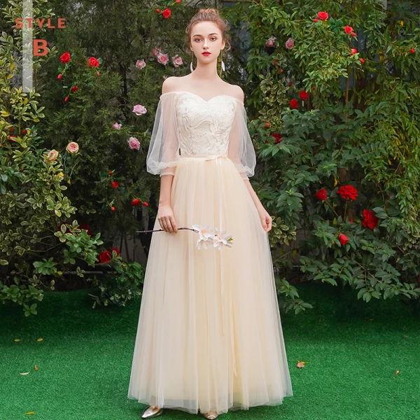 Affordable Champagne See-through Bridesmaid Dresses 2019 A-Line / Princess Sash Appliques Lace Floor-Length / Long Ruffle Backless Wedding Party Dresses
