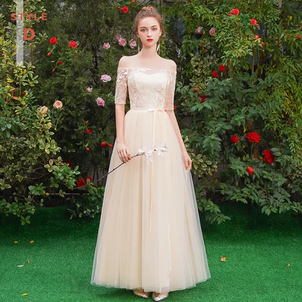 Affordable Champagne See-through Bridesmaid Dresses 2019 A-Line / Princess Sash Appliques Lace Floor-Length / Long Ruffle Backless Wedding Party Dresses