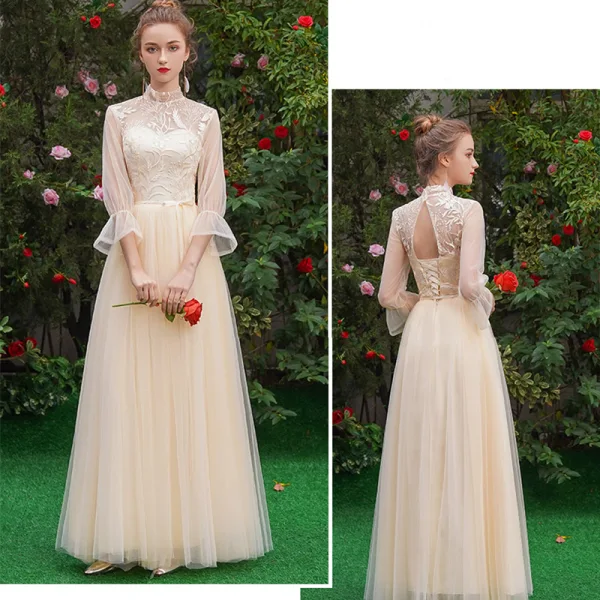 Affordable Champagne See-through Bridesmaid Dresses 2019 A-Line / Princess Sash Appliques Lace Floor-Length / Long Ruffle Backless Wedding Party Dresses
