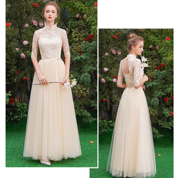 Affordable Champagne See-through Bridesmaid Dresses 2019 A-Line / Princess Sash Appliques Lace Floor-Length / Long Ruffle Backless Wedding Party Dresses