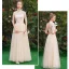 Affordable Champagne See-through Bridesmaid Dresses 2019 A-Line / Princess Sash Appliques Lace Floor-Length / Long Ruffle Backless Wedding Party Dresses