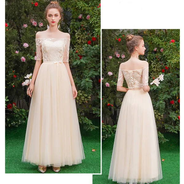 Affordable Champagne See-through Bridesmaid Dresses 2019 A-Line / Princess Sash Appliques Lace Floor-Length / Long Ruffle Backless Wedding Party Dresses