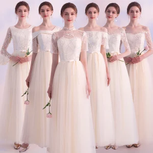 Affordable Champagne Bridesmaid Dresses 2019 A Line Princess Sash Appliques Lace Floor Length Long Ruffle Backless Wedding Party Dresses
