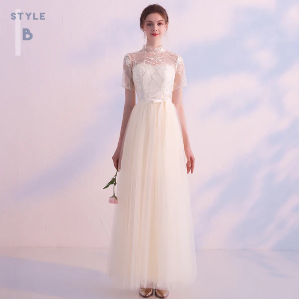 Prisvärd Champagne Tärnklänningar 2019 Prinsessa Skärp Appliqués Spets Långa Ruffle Halterneck Klänning Till Bröllop