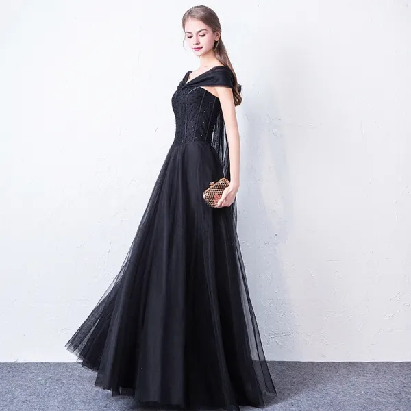 Chic Beautiful Black Prom Dresses 2018 A Line Princess V Neck Short Sleeve Bow Beading