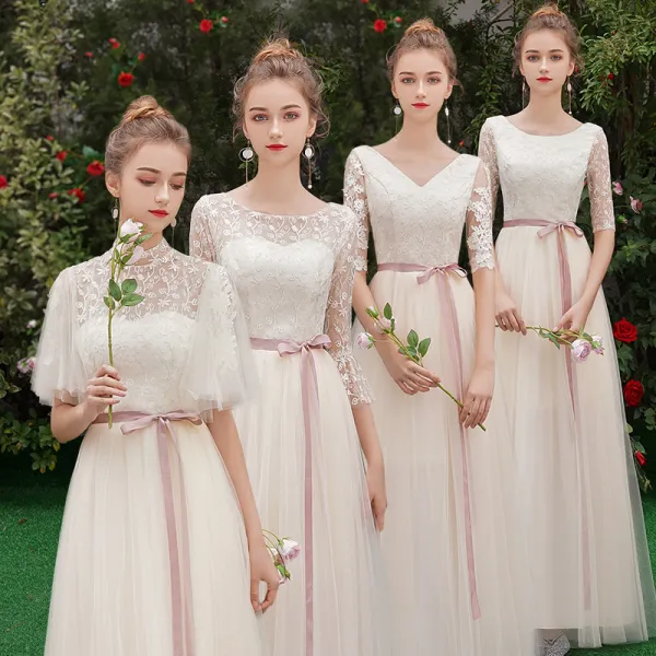Discount Champagne See-through Bridesmaid Dresses 2019 A-Line / Princess Sash Appliques Lace Floor-Length / Long Ruffle Backless Wedding Party Dresses