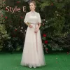 Discount Champagne See-through Bridesmaid Dresses 2019 A-Line / Princess Sash Appliques Lace Floor-Length / Long Ruffle Backless Wedding Party Dresses