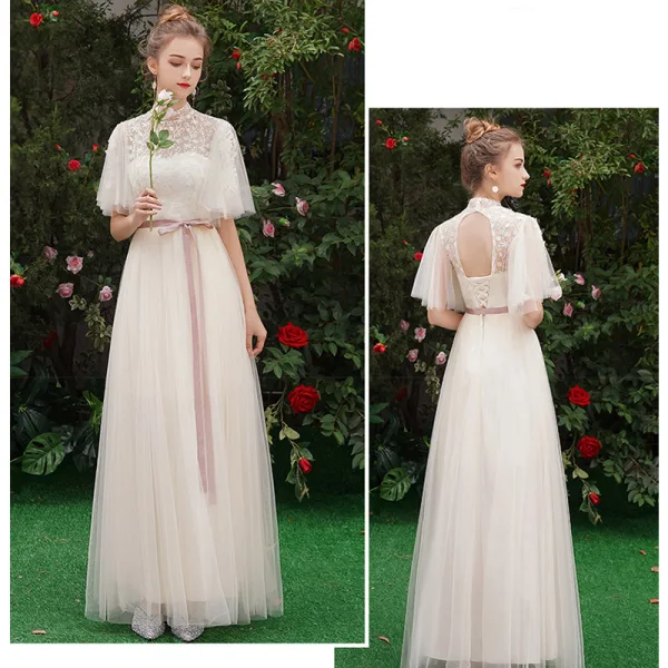 Remise Champagne Transparentes Robe Demoiselle D'honneur 2019 Princesse Ceinture Appliques En Dentelle Longue Volants Dos Nu Robe Pour Mariage