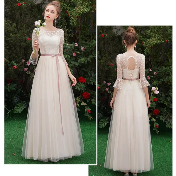 Remise Champagne Transparentes Robe Demoiselle D'honneur 2019 Princesse Ceinture Appliques En Dentelle Longue Volants Dos Nu Robe Pour Mariage