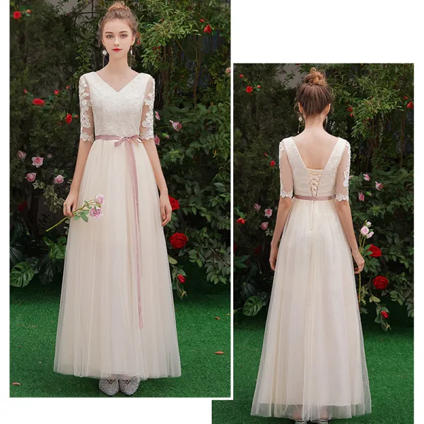 Remise Champagne Transparentes Robe Demoiselle D'honneur 2019 Princesse Ceinture Appliques En Dentelle Longue Volants Dos Nu Robe Pour Mariage