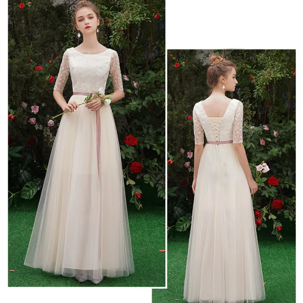 Remise Champagne Transparentes Robe Demoiselle D'honneur 2019 Princesse Ceinture Appliques En Dentelle Longue Volants Dos Nu Robe Pour Mariage