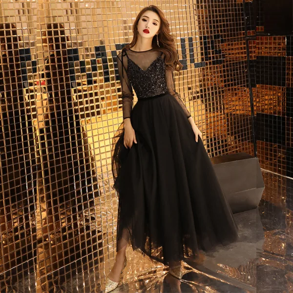 strapless open back dress Black Glitter Tassels Sheer Ankle Length Designer Prom Dress main image 1
